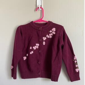 Vintage Y2K H&M Girls 4-5Y Rose Embroidered Maroon Cardigan Unique
